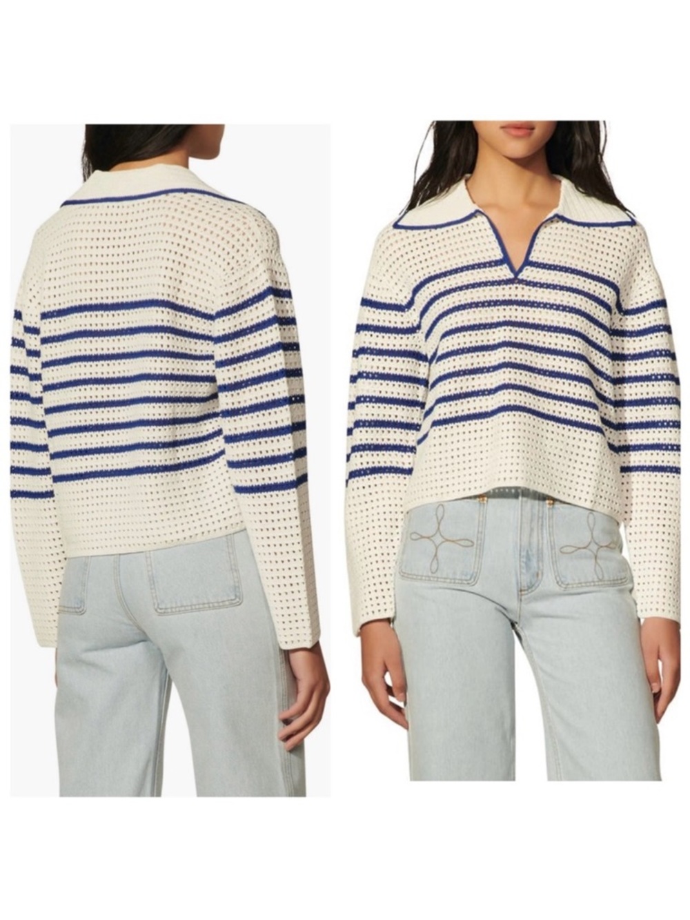 Sandro Elise Open-Knit Jumper in Navy and Ecru